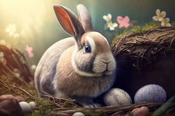 Cute little bunny rabbit. Easter eggs and decorations. AI generated