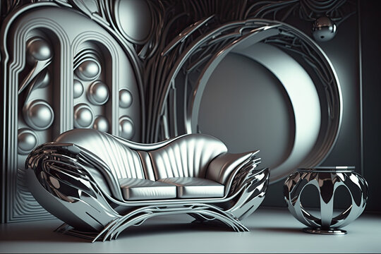 Fancy shiny reflective chrome silver chair throne in empty silver chrome room, 