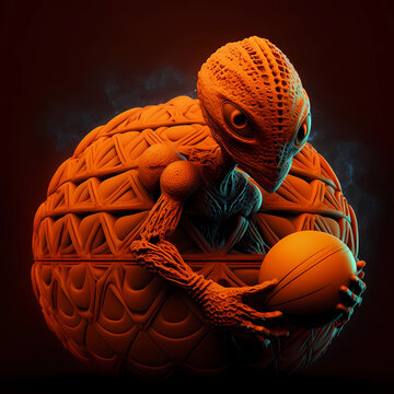 Un alien orange sort de son &oelig;uf avec un ballon