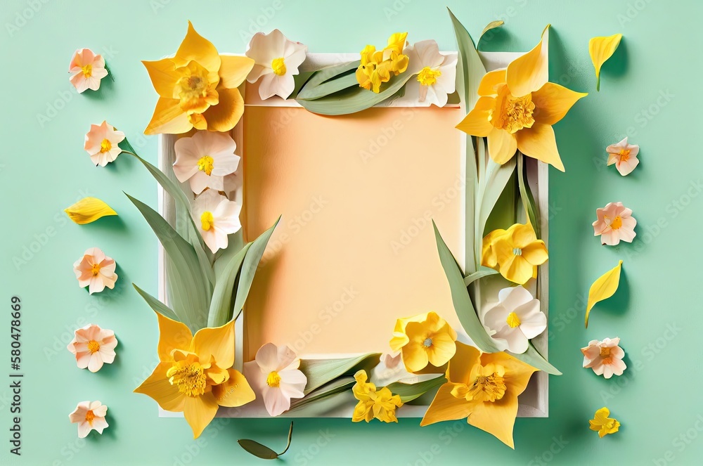Poster daffodil flowers frame with blank space generative ai