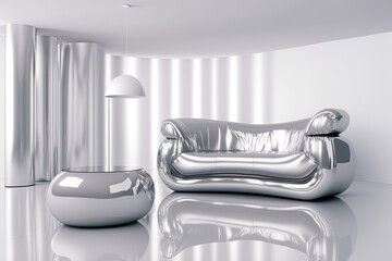 Fancy shiny reflective chrome silver chair throne in empty silver chrome room,  - obrazy, fototapety, plakaty