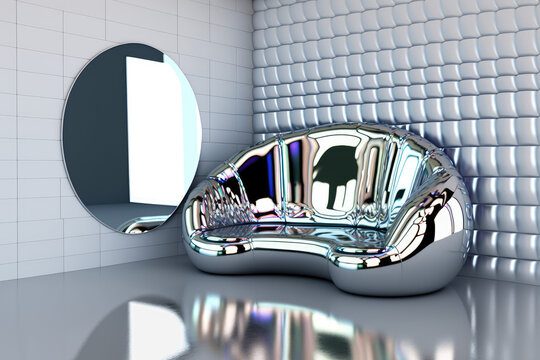 Fancy shiny reflective chrome silver chair throne in empty silver chrome room, 
