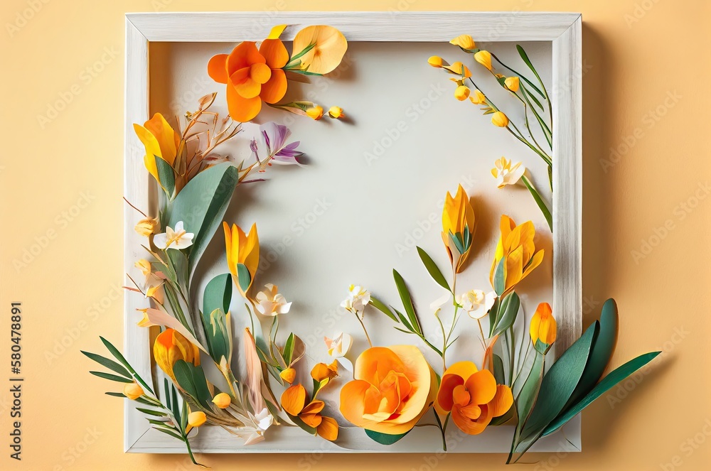 Poster freesia flowers frame with blank space generative ai