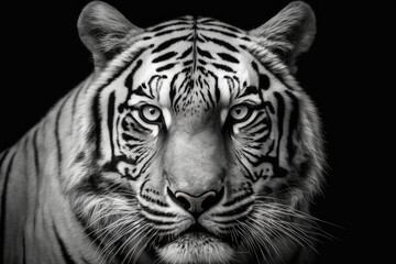 A close up picture of a white Bengal tiger's face in black and white. The most dangerous animal shows how great he is by being calm. A fierce big cat has a wild beauty. Generative AI