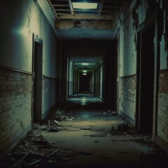 Fototapeta na wymiar Empty abandoned hallway tunnel passage with debris, 