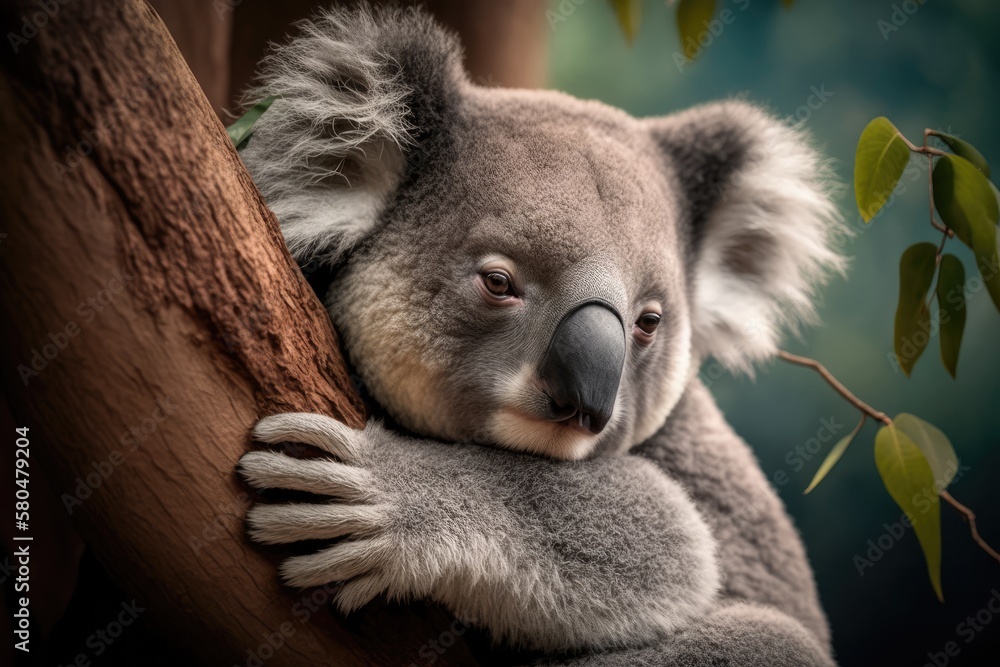 Poster a close up of a koala bear relaxing on a small tree. generative ai