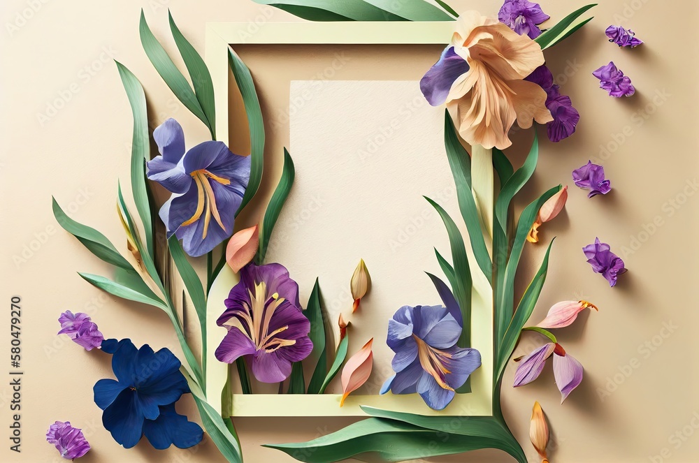Poster iris flowers frame with background space generative ai