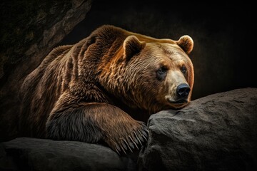 Obraz premium A brown Kamchatka bear (Ursus arctos beringianus) is laying on a rock, and the background is black. Close up picture of a wild animal. The far eastern brown bear is another name for it. Generative AI