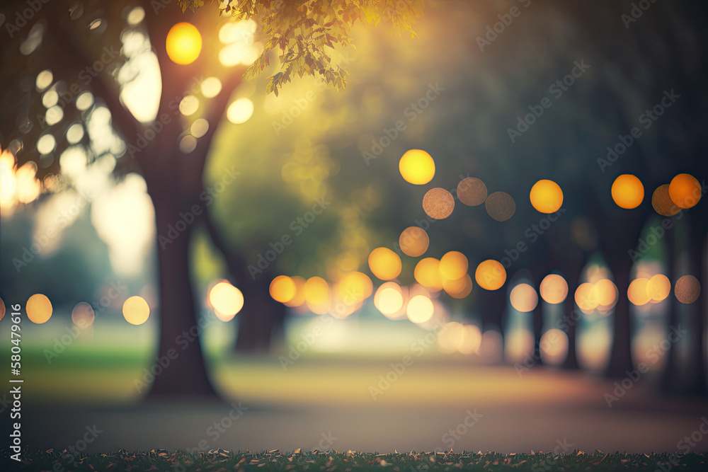 Wall mural blur background of outdoor park with trees and bokeh lights for display presentation