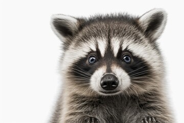 Fototapeta premium A close up portrait of a cute and funny raccoon, with a white background. Generative AI