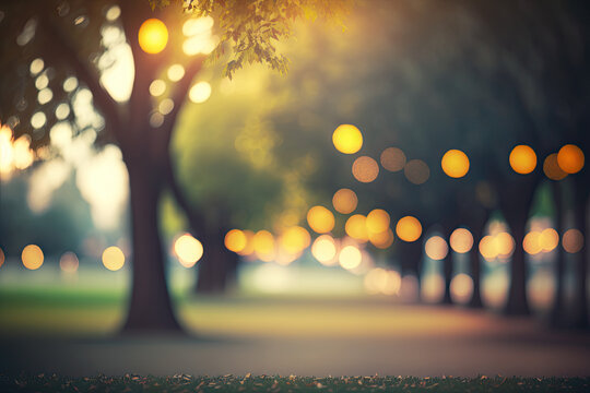 Blur background of outdoor park with trees and bokeh lights  for display presentation 