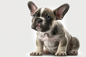 Fototapeta premium A French Bulldog puppy sits in front of you and looks around. Against a white background. Generative AI