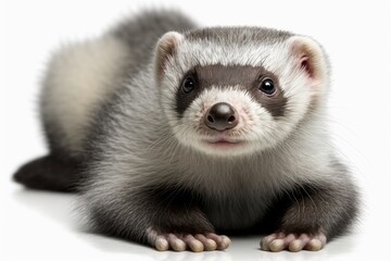 Fototapeta premium A full grown grey ferret lies alone on a white background. Generative AI