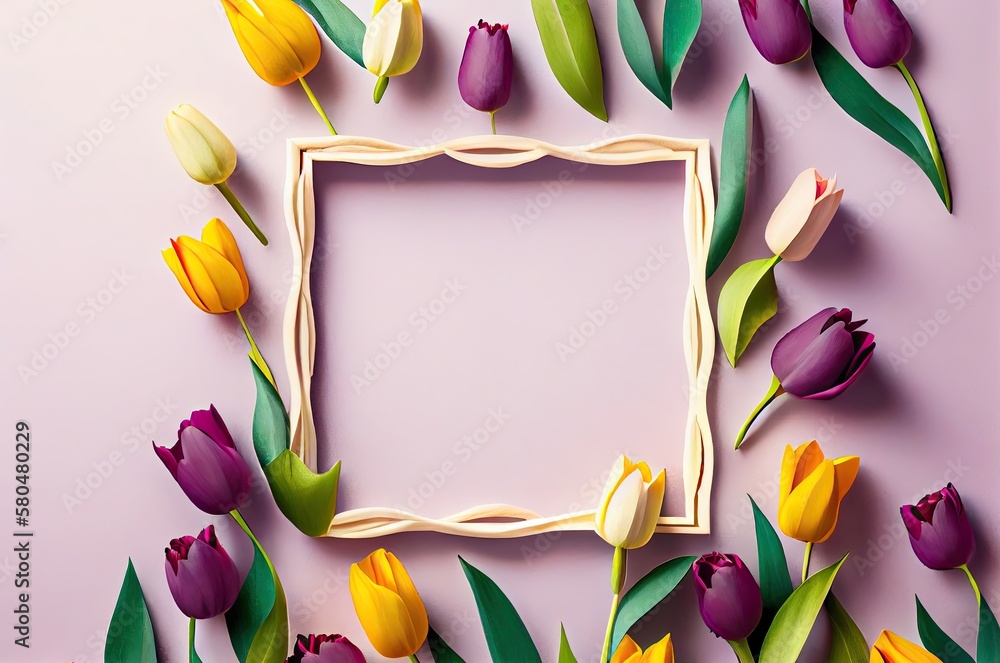 Poster tulip flowers picture frame with copyspace generative ai