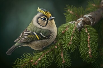 A cute goldcrest perched on a spruce branch. Regulus regulus. The smallest songbird in Europe lives in the wild. Generative AI