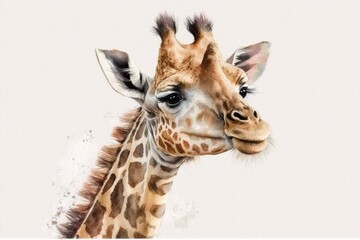 Fototapeta premium A cute giraffe looks down. It is a hand drawn watercolor illustration with a white background. Generative AI