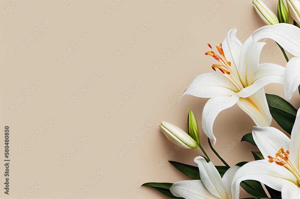 Poster lily flowers background with copyspace generative ai