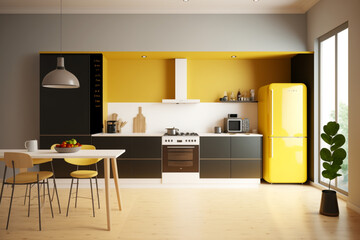 Modern kitchen interior with furniture. stylish kitchen interior with yellow wall, Generative AI	
