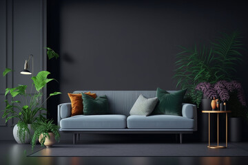 Modern living room interior with sofa and green plants, lamp, table on dark wall background, Generative AI	