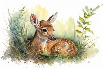 A cute deer is lying in the grass. Painting with watercolor. Generative AI - obrazy, fototapety, plakaty