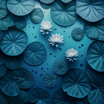 Blue water lilies in calm blue color palette. Wall art Wallpaper. art 