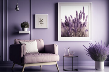 Lavender themed simple modern interior, purple mood design, empty photo frame , mock photo