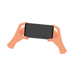 Hands holding mobile phone mockup, smartphone on touch screen device concept.