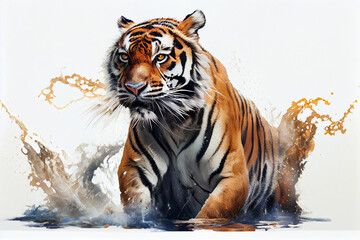 Fototapeta na wymiar Tiger with splashes of water on a white background. Digital painting.generative ai