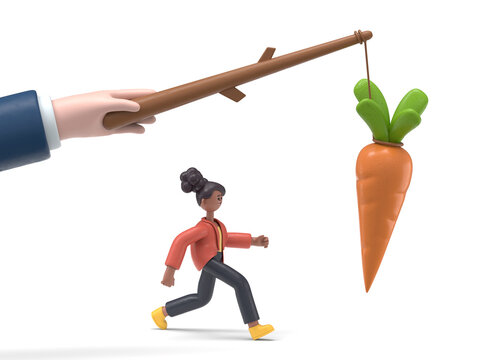 3D illustration of smiling african american woman Coco running for bait,Big hand holds carrots on stick.Incentive concept. Business metaphor. Personnel management leadership. Motivate people. 3D rende