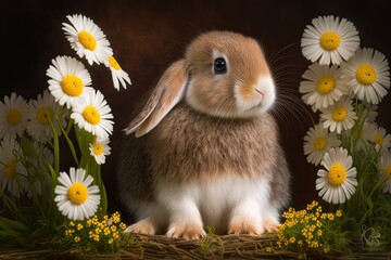 A baby bunny rabbit is sitting with daisies and camomiles. Generative AI