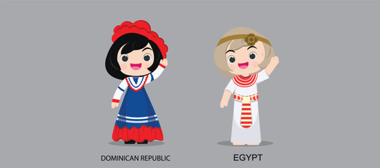 People in national dress.Dominican Republic,Egypt,Set of pairs dressed in traditional costume. National clothes. illustration.