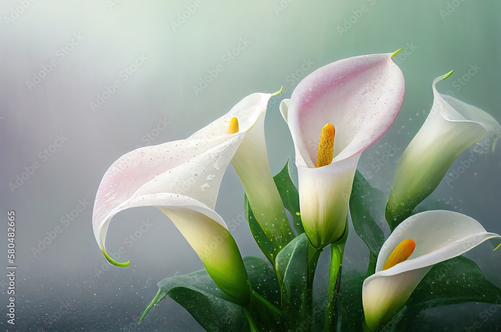 Poster calla lily flowers soft backdrop with blank space generative ai