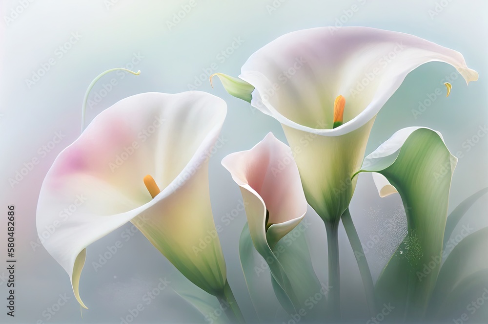 Poster calla lily flowers soft backdrop with copyspace generative ai