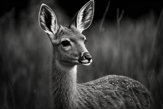 A black and white picture of a young male roe deer (Capreolus capreolus). Beautiful monochrome deer photograph. Generative AI