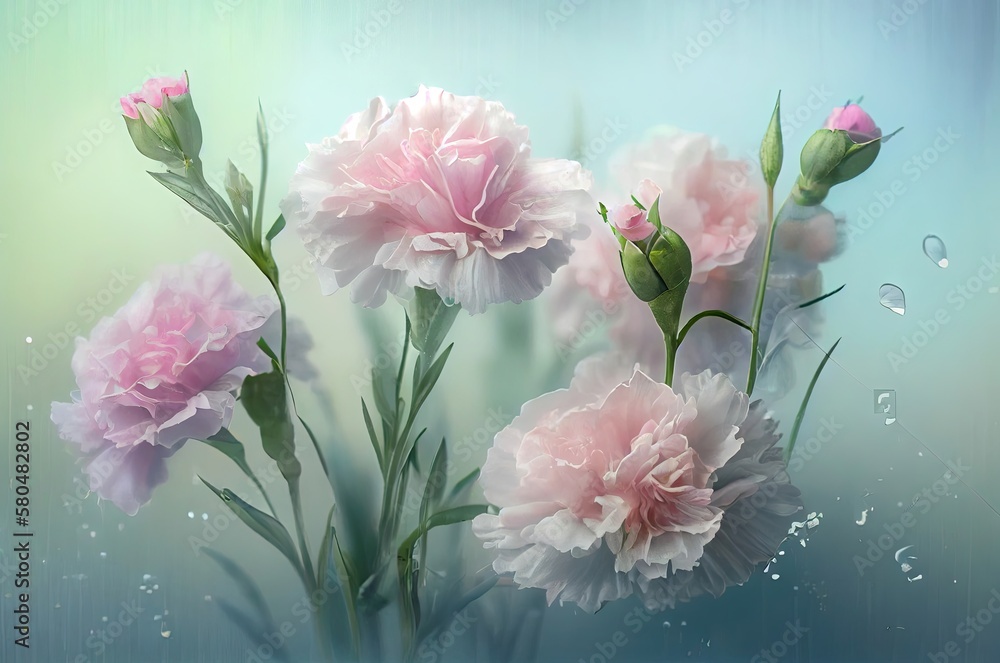 Poster carnation flowers soft backdrop with copyspace generative ai