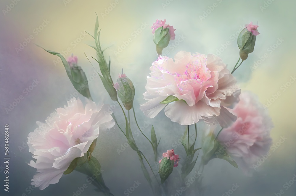 Poster carnation flowers soft background with copy space generative ai