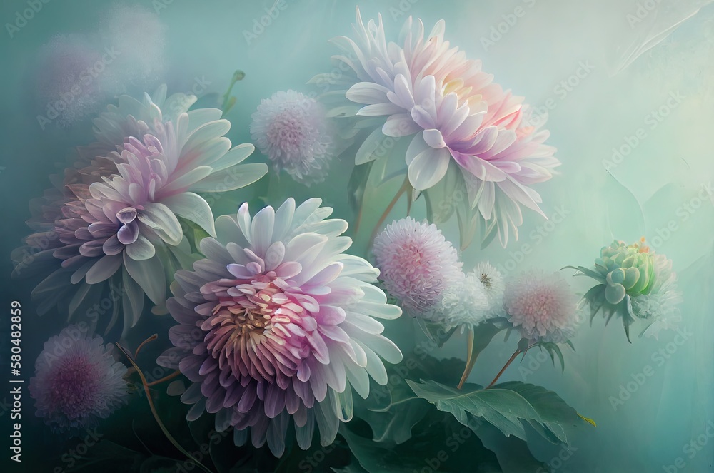 Poster chrysanthemum flowers soft backdrop with copyspace generative ai