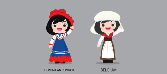 People in national dress.Dominican Republic,Belgium,Set of pairs dressed in traditional costume. National clothes. illustration.