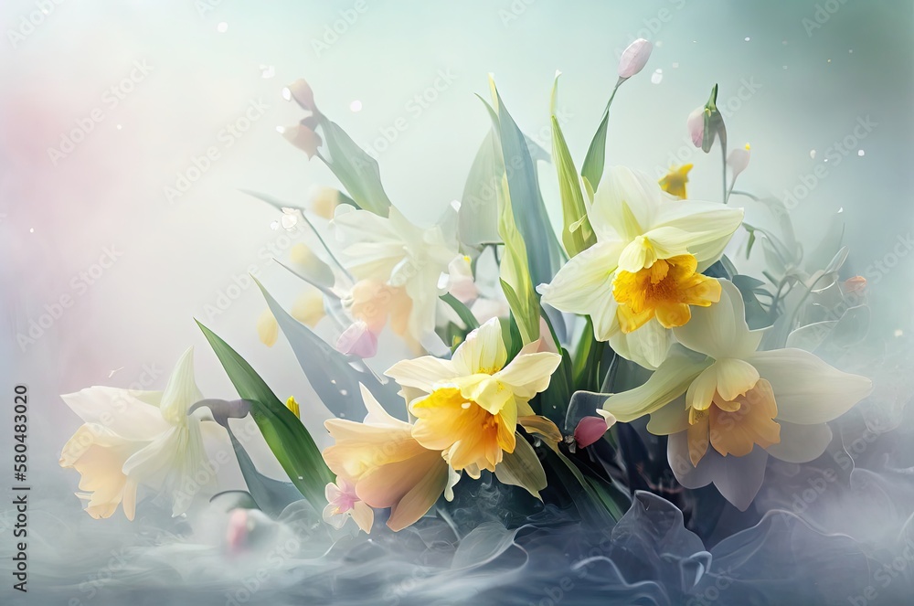 Poster daffodil flowers soft background with copy space generative ai