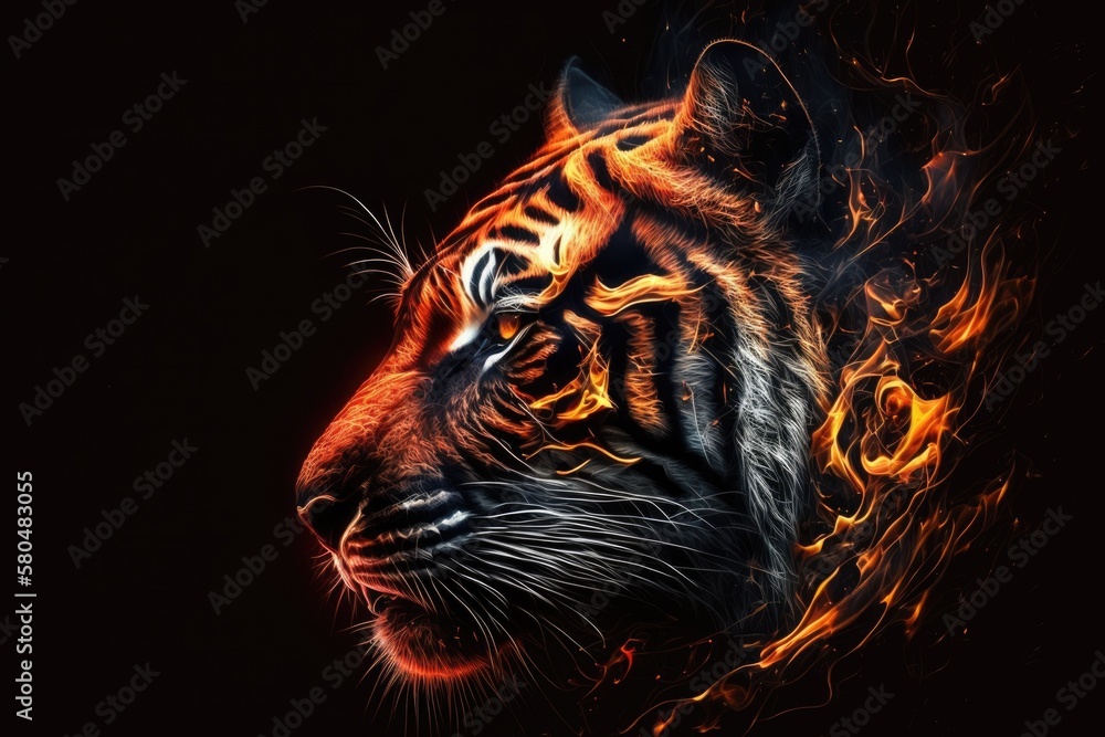 Canvas Prints A close up of the head of a fire tiger is shown on a black background with copy space. A shows a tiger, which is a Chinese zodiac sign. Generative AI