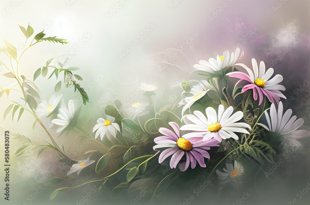 Poster daises flowers soft backdrop with copy space generative ai