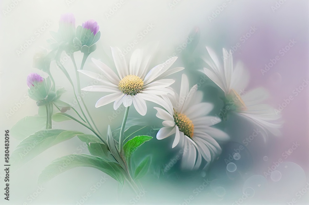 Poster daises flowers soft backdrop with copyspace generative ai