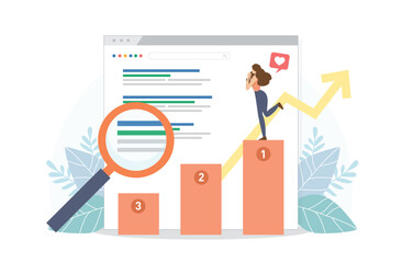 Happy woman stand on SEO top ranking dock. Google search screen with magnifier . Vector illustration flat design style. SEO, Search Engine Optimization, Top ranking Concept. - obrazy, fototapety, plakaty