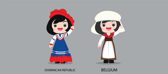 People in national dress.Dominican Republic,Belgium,Set of pairs dressed in traditional costume. National clothes. illustration.