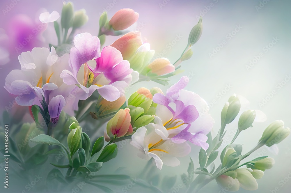Poster freesia flowers soft background with copyspace generative ai