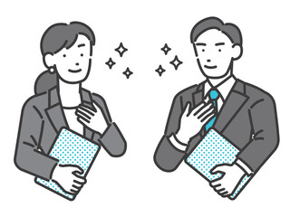 胸に手を当てて張り切る男女のビジネスパーソンのベクターイラスト素材／任せる／笑顔