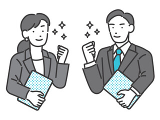ガッツポーズをする男女のビジネスパーソンのベクターイラスト素材／任せる／笑顔
