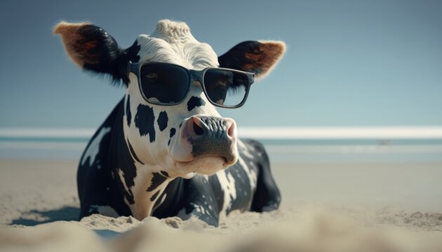 A cow with sunglasses on the beach generative ai