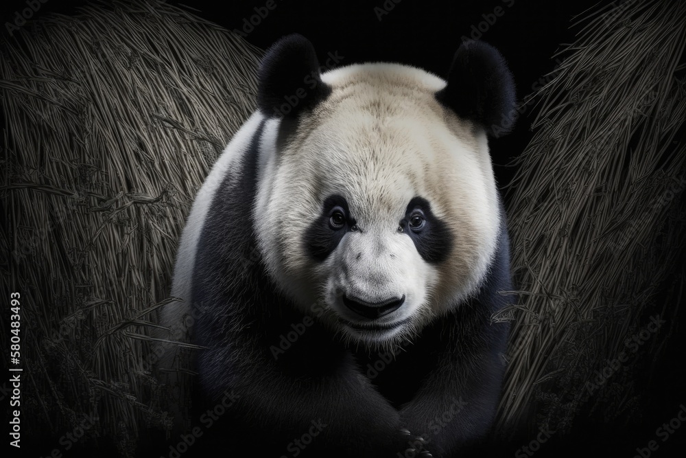 Poster a black background is behind a picture of a panda. generative ai