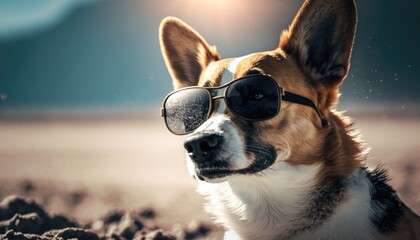 a dog with glasses sitting on the beach generative ai